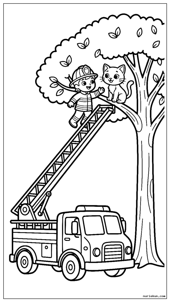 はしごを伸ばして木から猫を救出する優しい消防車