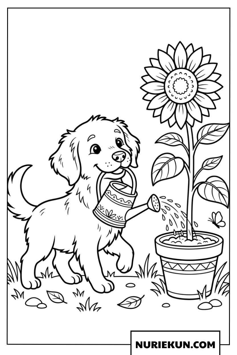ひまわりにじょうろで水をあげる働き者の子犬の描き