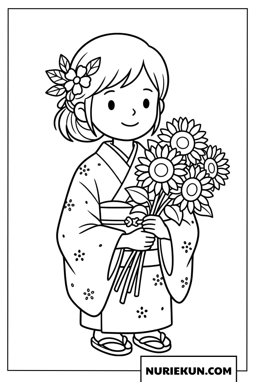 ひまわりの花束を抱えた着物姿の女の子