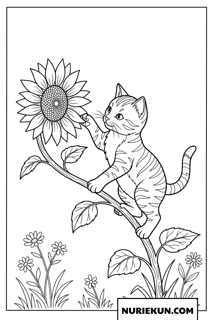 ひまわりの茎に登るやんちゃな子猫の描き