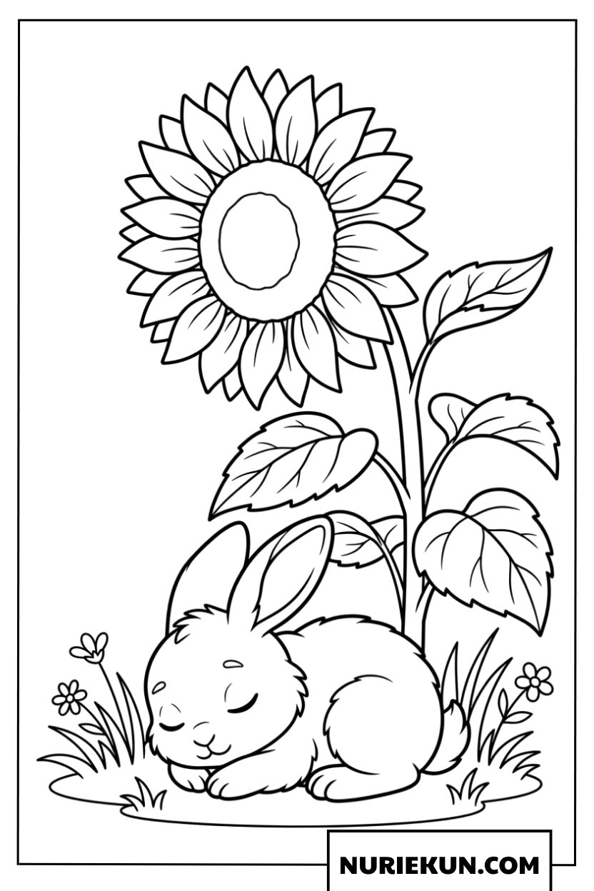 ひまわりの陰ですやすや眠る子ウサギの描き