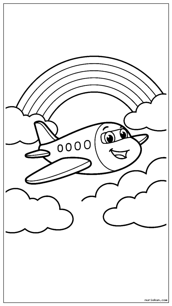 ふわふわの雲と虹の中を飛び立つ幸せな飛行機