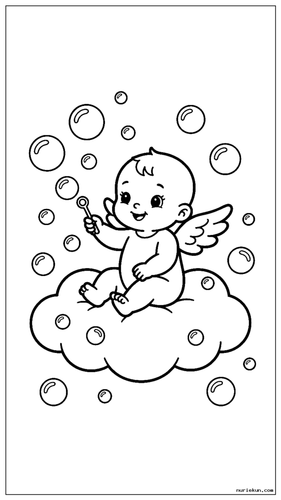 ふわふわの雲の上に座ってシャボン玉で遊ぶかわいい赤ちゃん天使