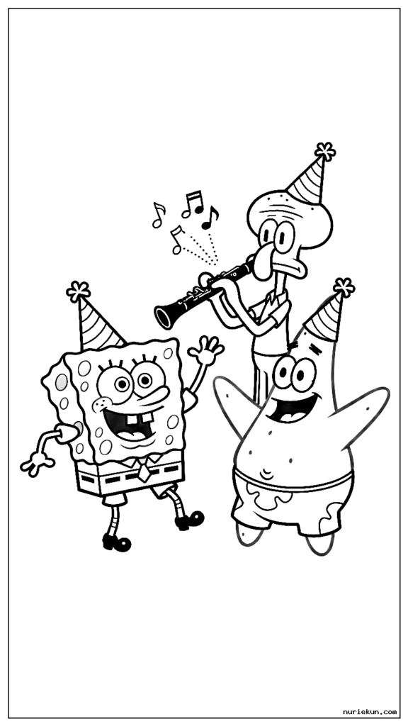 イカワードがクラリネットで誕生日の音楽を演奏しながら、スポンジ・ボブとパトリックがパーティーハットを被って踊る
