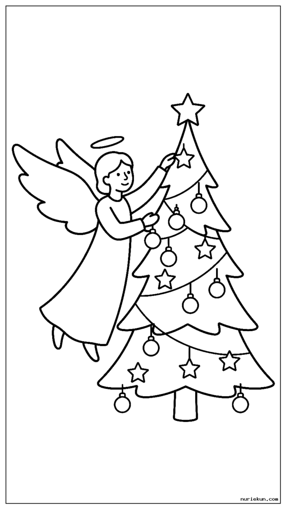 オーナメントや星でクリスマスツリーを飾るクリスマスの天使