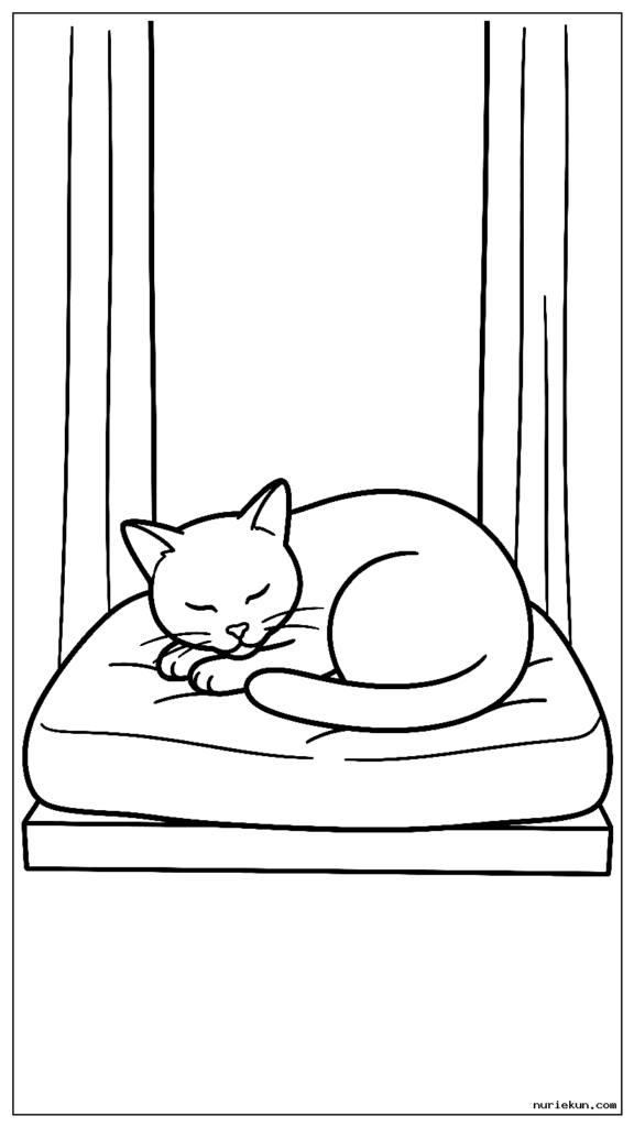 カーテンのある居心地の良い窓側の席で丸まって眠そうな猫