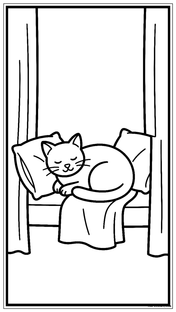 カーテンのある居心地の良い窓側の席で丸まって眠そうな猫