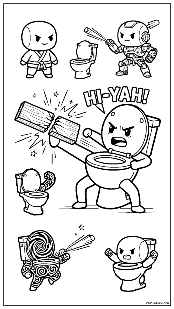 キックで板を壊す空手のポーズをとるスキビディ・トイレのキャラクター
