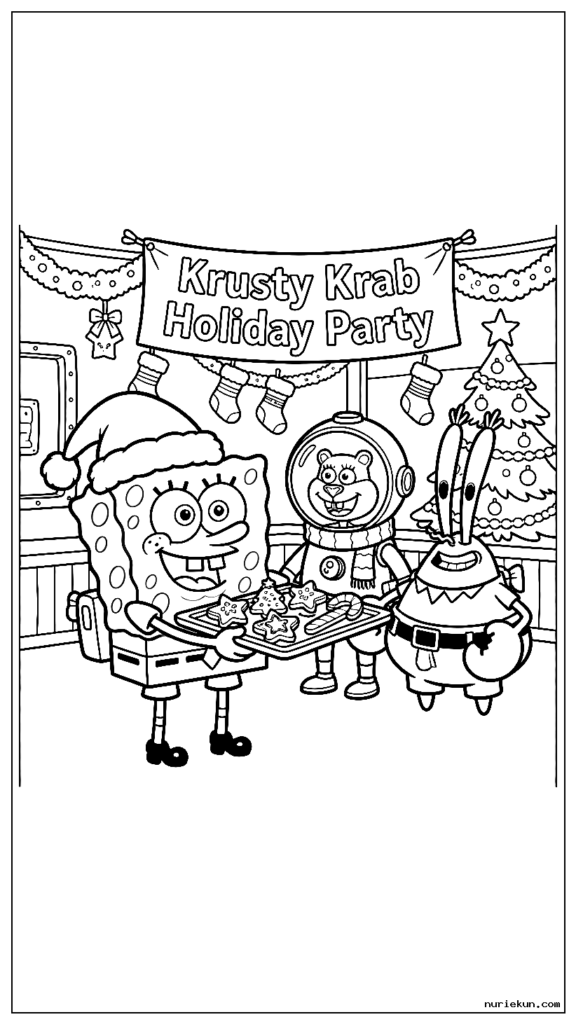 クラスティー・クラブのホリデー・パーティーでサンディとミスター・クラブにクリスマスクッキーを提供するスポンジ・ボブ