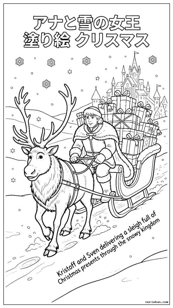 クリストフとスヴェンがクリスマスプレゼントを積んだそりに乗って雪の王国を届ける