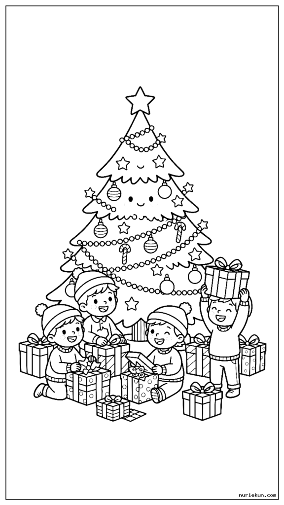 クリスマスの朝、興奮してプレゼントを開ける子供たちを眺めるクリスマス ツリー
