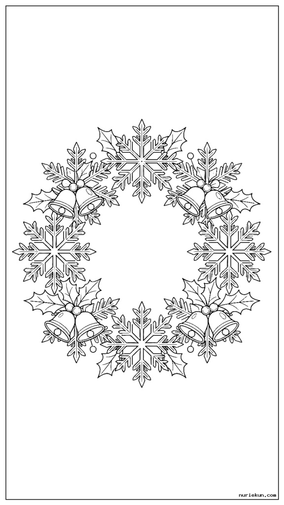 クリスマスの鐘とヒイラギの葉が絡み合った複雑な雪の結晶のパターン