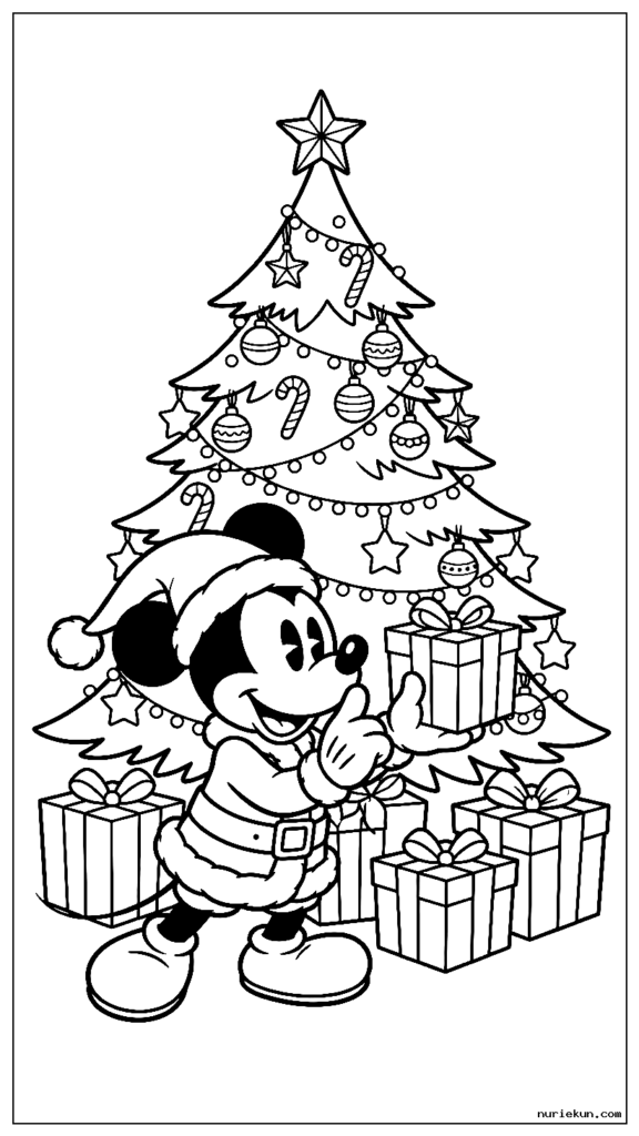 サンタの格好をしたミッキーマウスが静かにつま先立ちでクリスマスツリーの下にプレゼントを置く