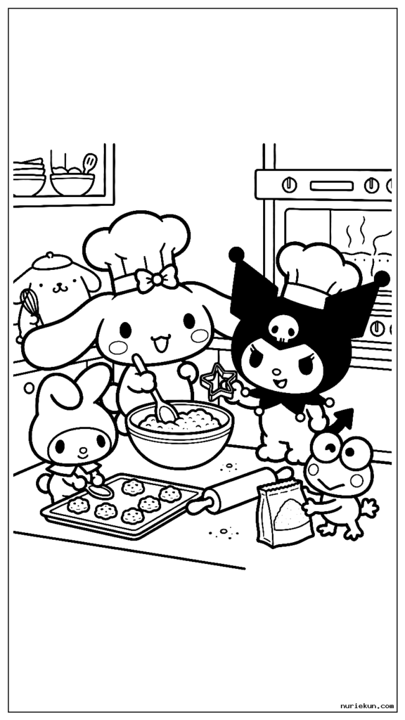 シェフの帽子をかぶってキッチンでクッキーを焼くシナモロールとクロミ