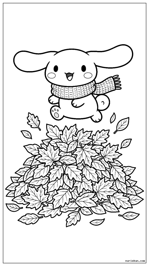スカーフを持って紅葉の山に飛び込むシナモロール