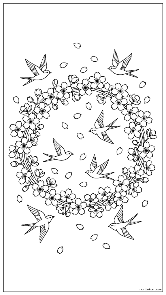 ツバメが飛んで、春風に花びらが浮かぶ桜の花輪