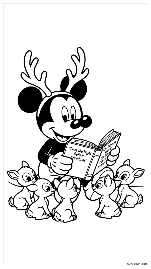 トナカイの角と鼻をつけて赤ちゃんトナカイにクリスマスの物語を読み聞かせるミッキーマウス