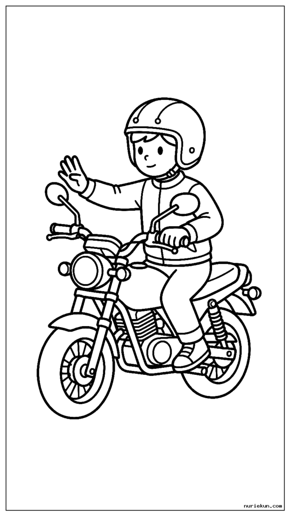 バイクのライダーがミラーをチェックし、方向転換のために手信号を出す