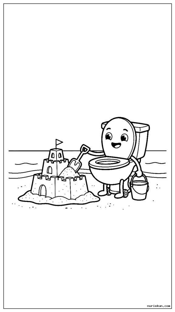 バケツとシャベルを使ってビーチで砂の城を建てるシンプルなスキビディ トイレのキャラクター