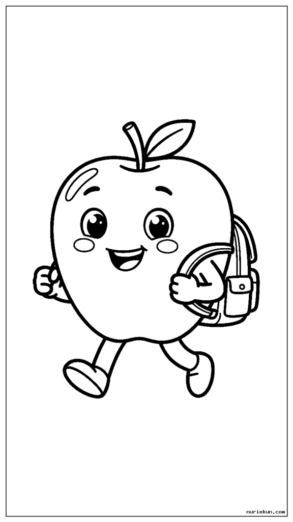 バックパックを背負って学校へ歩く幸せなリンゴのキャラクター