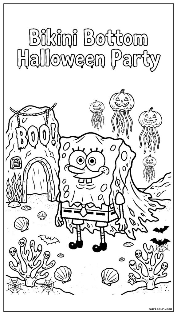ビキニボトムのハロウィーンパーティーで幽霊に扮したスポンジ・ボブ