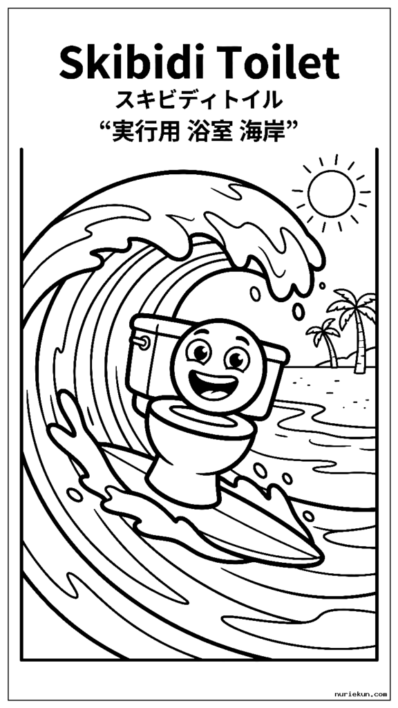 ビーチで大きな波でサーフィンをするスキビディ トイレのキャラクター