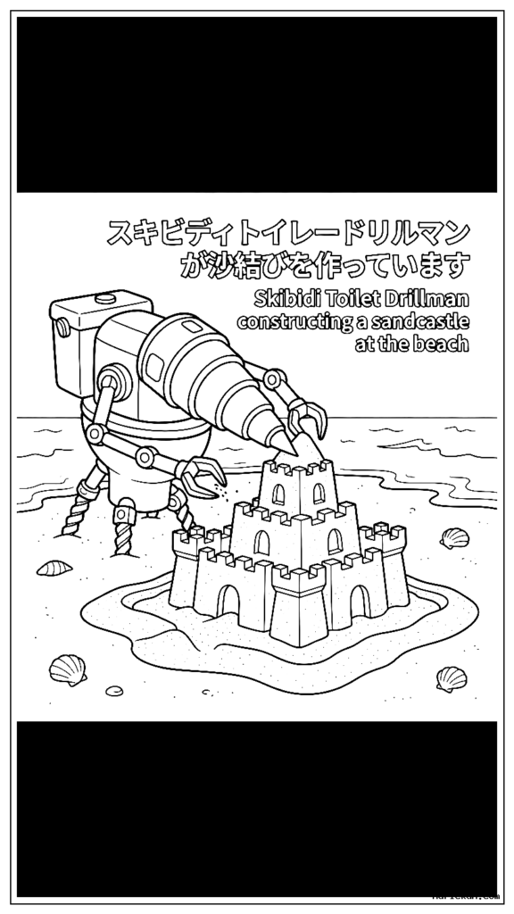 ビーチで砂の城を建設するスキビディのトイレ訓練士