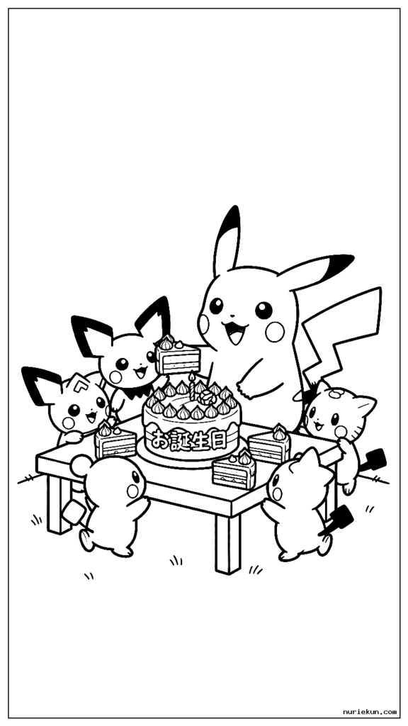ピクニックテーブルで赤ちゃんポケモンとケーキのスライスを共有するピカチュウ