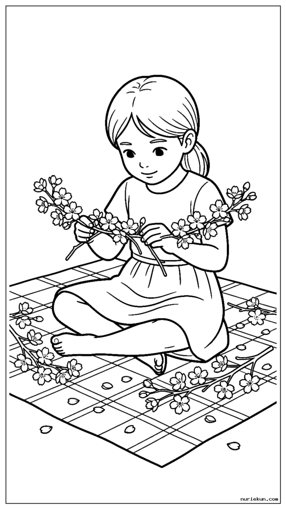ピクニック毛布に座りながら桜の花冠を作る若い女の子