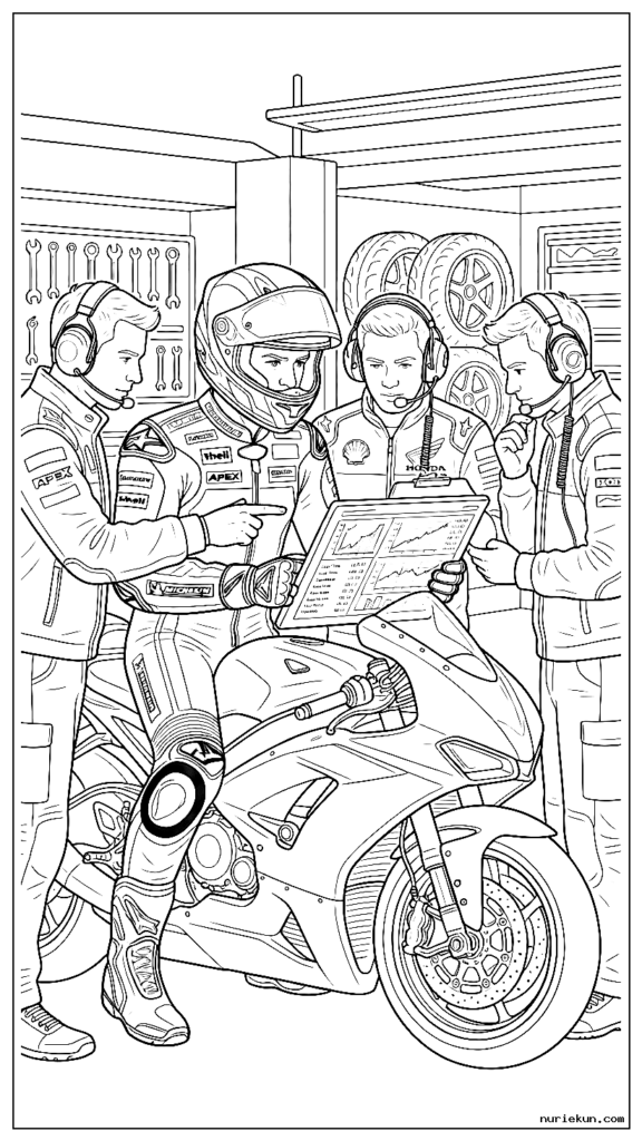 ピットガレージでチームエンジニアとレーステレメトリーデータを研究するプロのバイクライダー