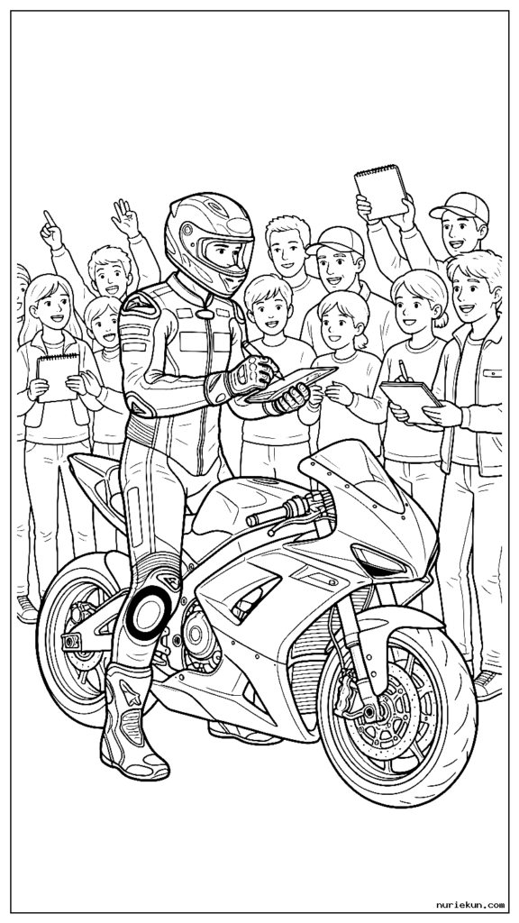 ファンにサインをするフルレーシングスーツを着たプロのバイクライダー