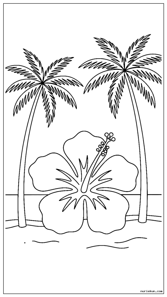 ヤシの木のある熱帯のビーチにハイビスカスの花