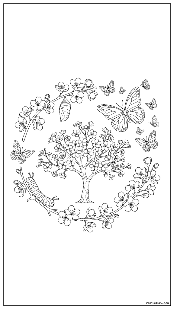 リアルな桜の木の周りに蝶の一生を展示