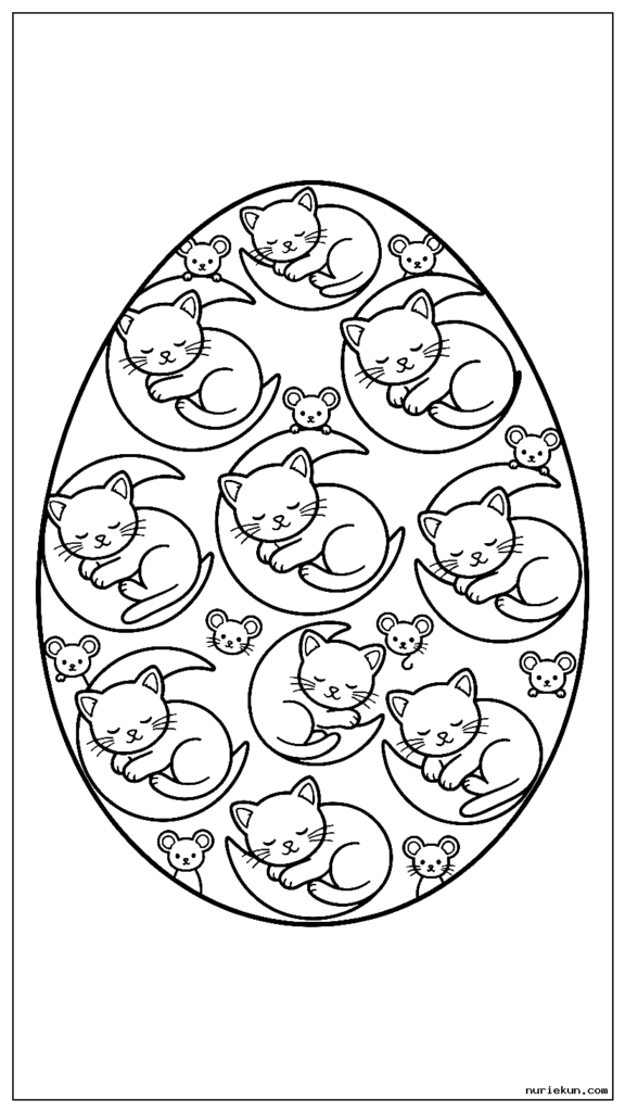 三日月の形に丸まって眠っている子猫で飾られたイースターエッグ