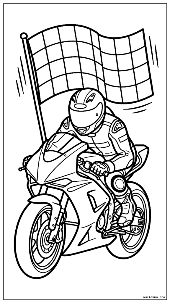 上にチェッカーフラッグを振りながらフィニッシュラインを横切るバイクレーサー