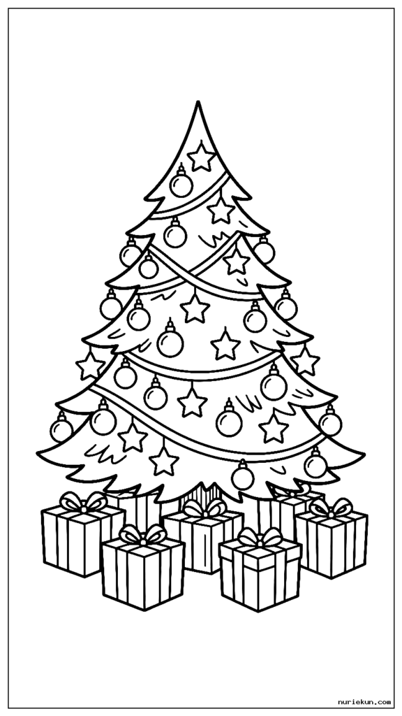 中型のオーナメントとリボンで飾られたクリスマスツリー