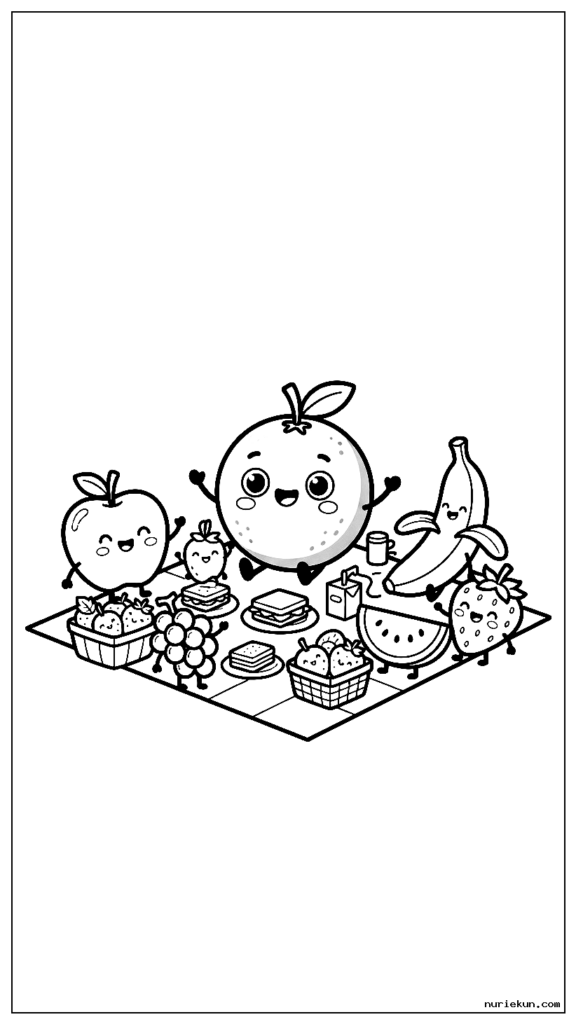 他のフルーツの友達とピクニックをするかわいいオレンジ色のキャラクター