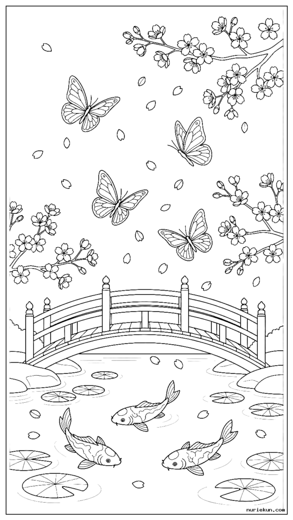 伝統的な日本の橋と鯉の池の近くの散る桜の間を飛ぶ蝶