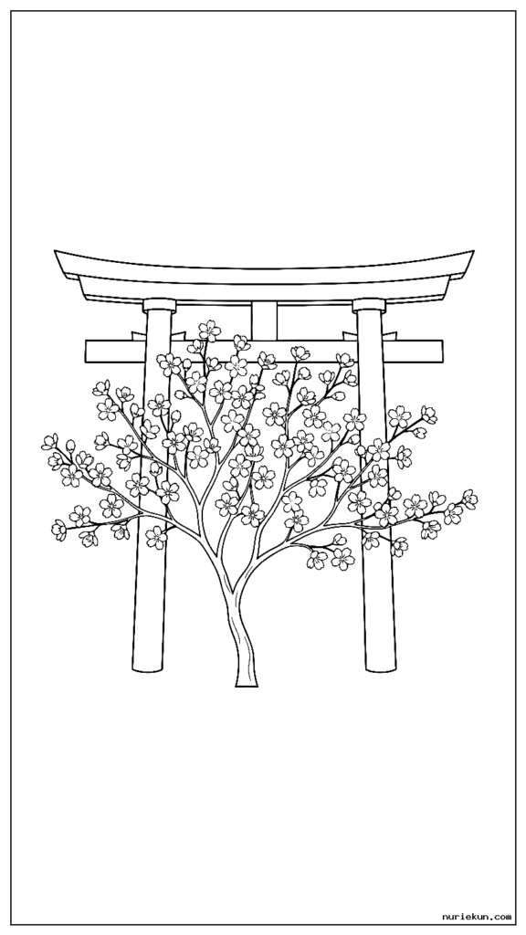 伝統的な日本の鳥居を背景に満開の若い桜の木