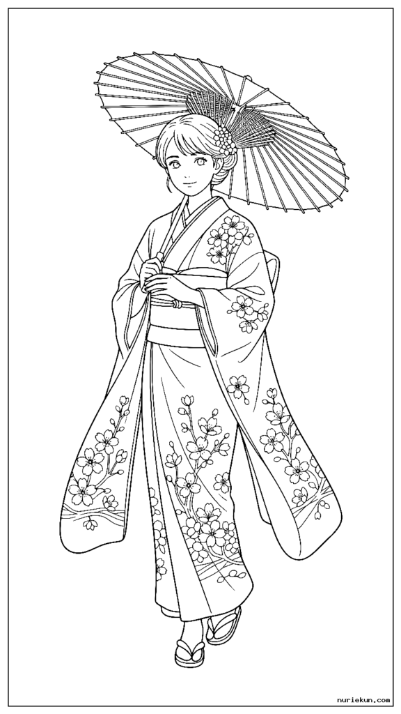 伝統的な紙傘を持った精巧な桜柄の着物を着た女の子