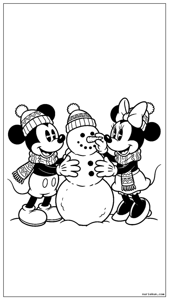 冬のスカーフと帽子をかぶって一緒に雪だるまを作るミッキーとミニーマウス
