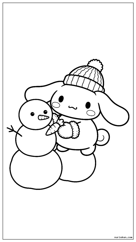 冬用の帽子とミトンをかぶって雪だる​​まを作るシナモロール