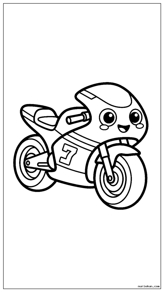 前面にフレンドリーな笑顔が描かれたかわいい漫画のレーシングモト