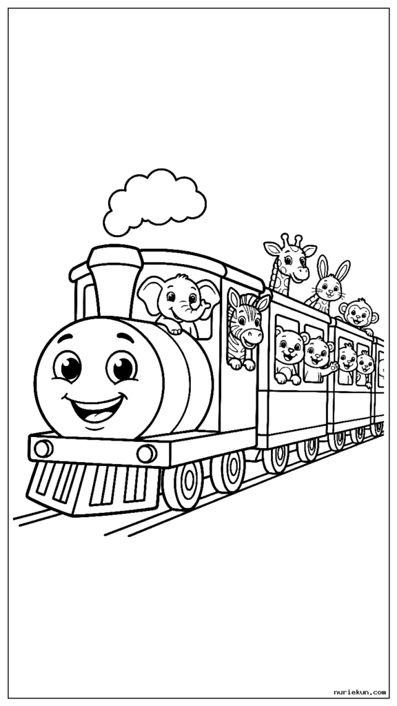 動物の乗客を乗せた大きな優しい目をした笑顔の漫画列車