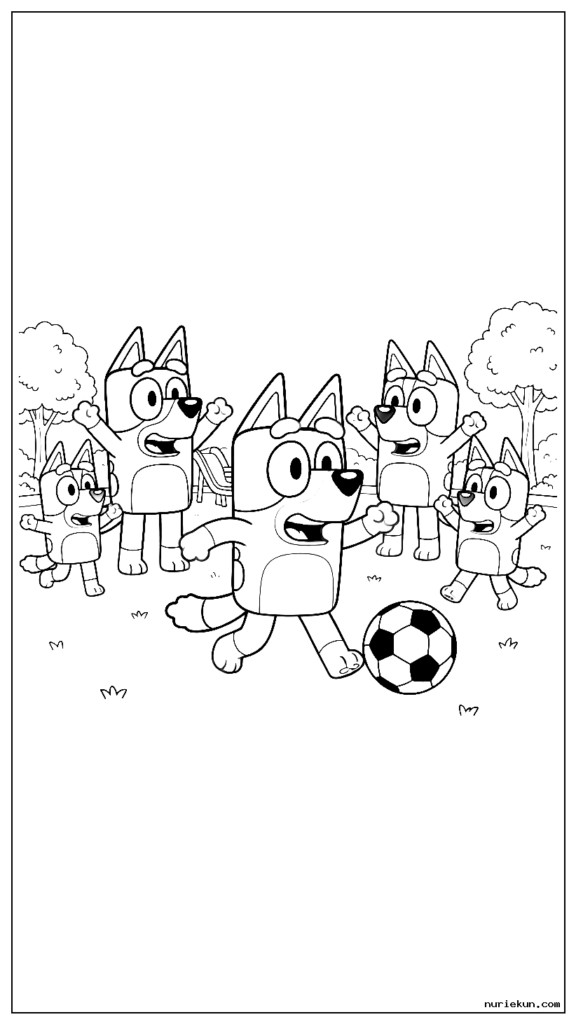 友達と公園でサッカーをするブルーイ