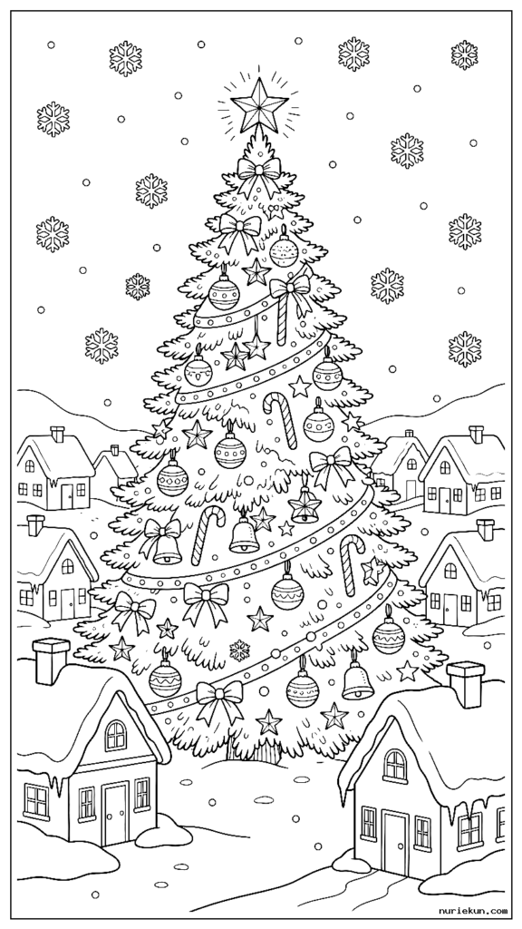 夜の雪深い村の中心に美しく飾られた大きなクリスマスツリー