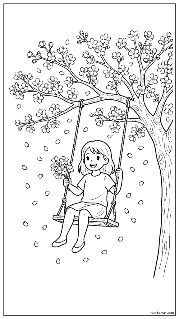 大きな桜の木にぶら下がっているブランコに乗る女の子