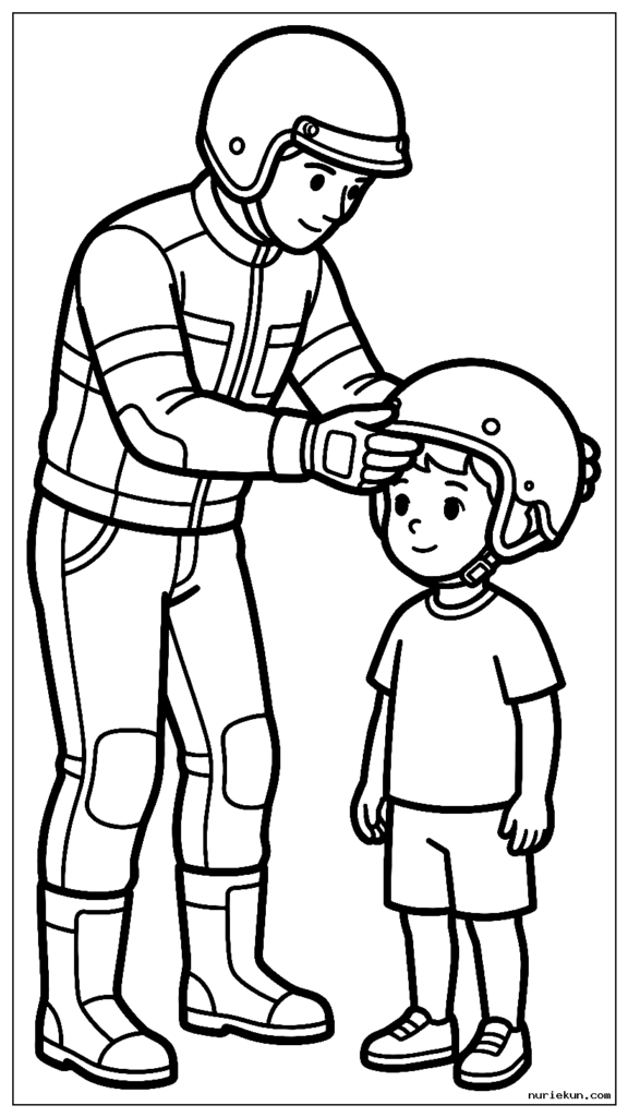 完全な安全装備を身に着けたオートバイのライダーが子供たちのヘルメット試着を手伝う