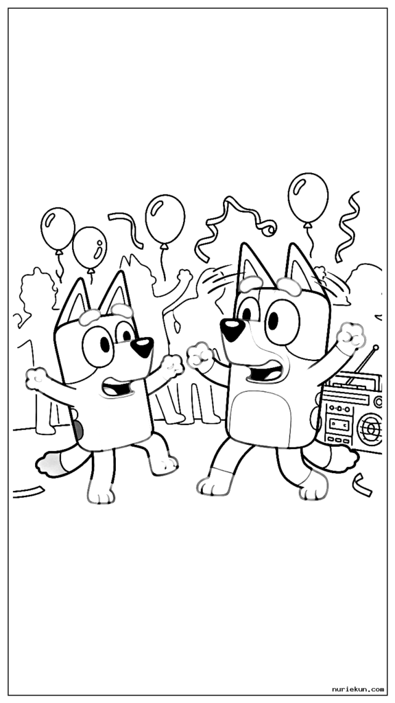家族のパーティーでお父さんバンディットと漫画の犬ブルーイ ブレイク ダンス