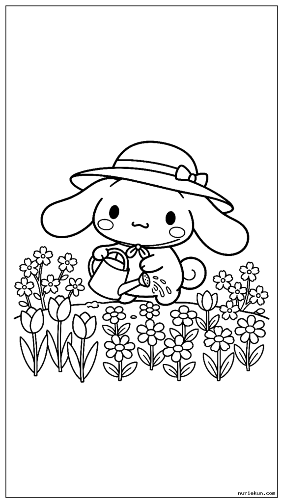 小さなじょうろで春の花の庭に水をやるかわいいシナモロール
